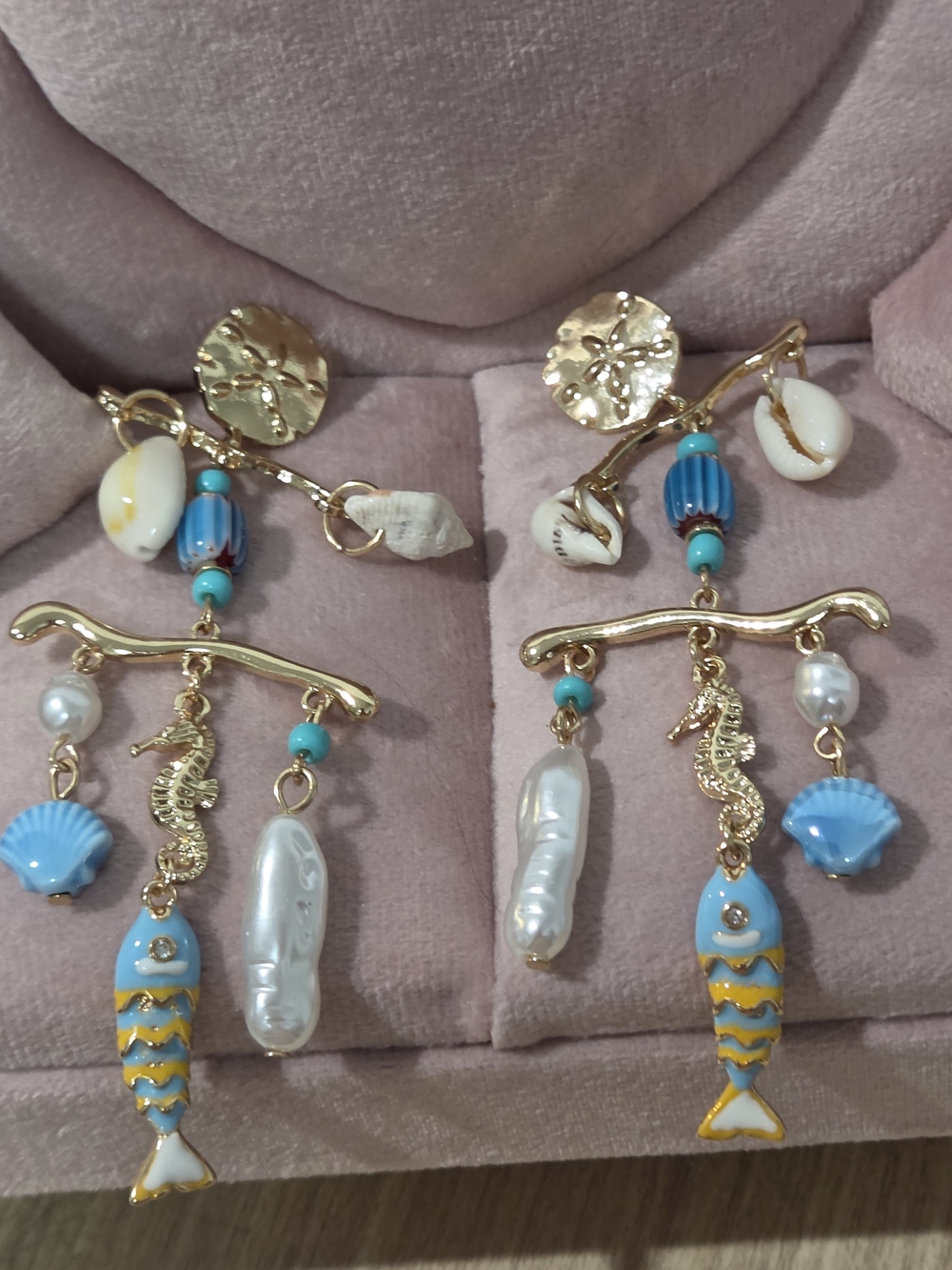 Piper K Mermaid Style Gold-Tone Blue Fish & Seahorse Dangle Earrings